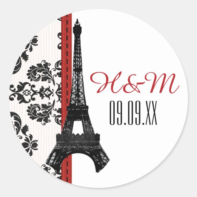 RED Monogrammed Damask Eiffel Tower Wedding Classic Round Sticker (Front)