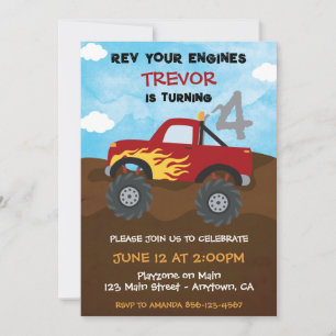 Red Monster Truck 4th Birthday Party Invitation