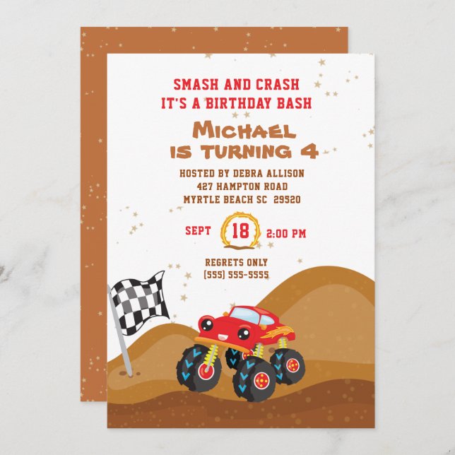 Red Monster Truck 4th  Birthday Racing  Invitation (Front/Back)