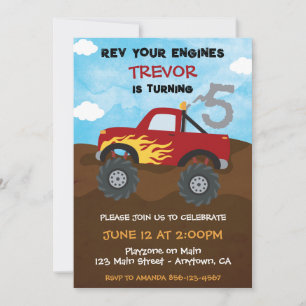 Red Monster Truck 5th Birthday Party Invitation