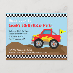 Red Monster Truck Birthday Party, For Kids Invitation