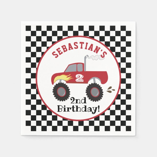 Red Monster Truck Birthday Racing Trucks Boys Napkin (Front)