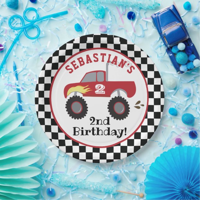 Red Monster Truck Birthday Racing Trucks Boys Paper Plate (Party)