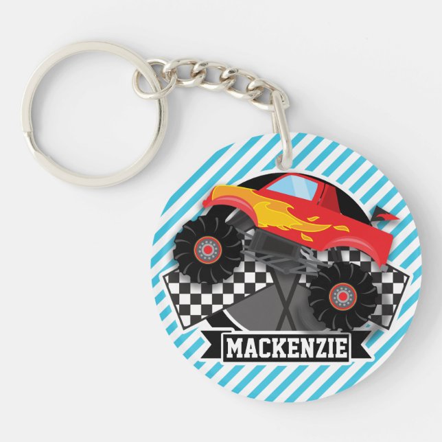 Red Monster Truck; Chequered Flag; Blue Stripes Key Ring (Front)