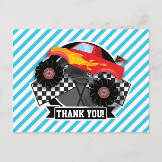 Red Monster Truck; Chequered Flag; Blue Stripes Postcard