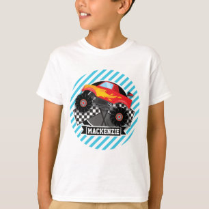 Red Monster Truck; Chequered Flag; Blue Stripes T-Shirt