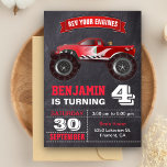 Red Monster Truck Kids Birthday Party Invitation<br><div class="desc">Amaze your guests with this cool birthday party invite featuring a beautiful monster truck with modern typography against a chalkboard background. Simply add your event details on this easy-to-use template to make it a one-of-a-kind invitation. Flip the card over to reveal an elegant stripes pattern on the back of the...</div>