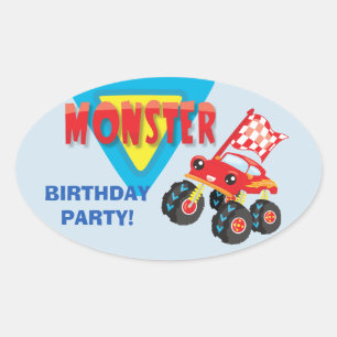 Red Monster Truck Kids Birthday Party Oval Sticker