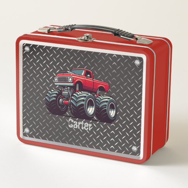 Red monster truck  metal lunch box (Front)