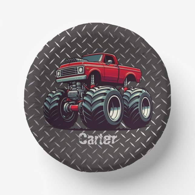 Red monster truck  paper plate (Front)