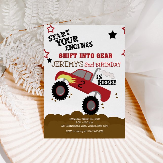 Red Monster Truck Start Your Engines Birthday Invitation (Creator Uploaded)