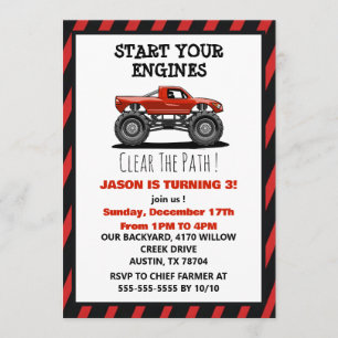 Red Monster Truck Stunt Boys Birthday Invitation