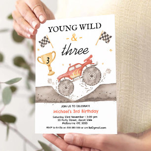 Red Monster Truck Young Wild Three Birthday Invitation