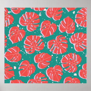 Red monstera: green tropical pattern poster