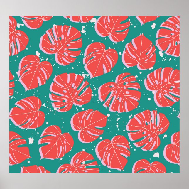 Red monstera: green tropical pattern poster (Front)