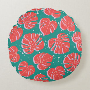 Red monstera: green tropical pattern round cushion
