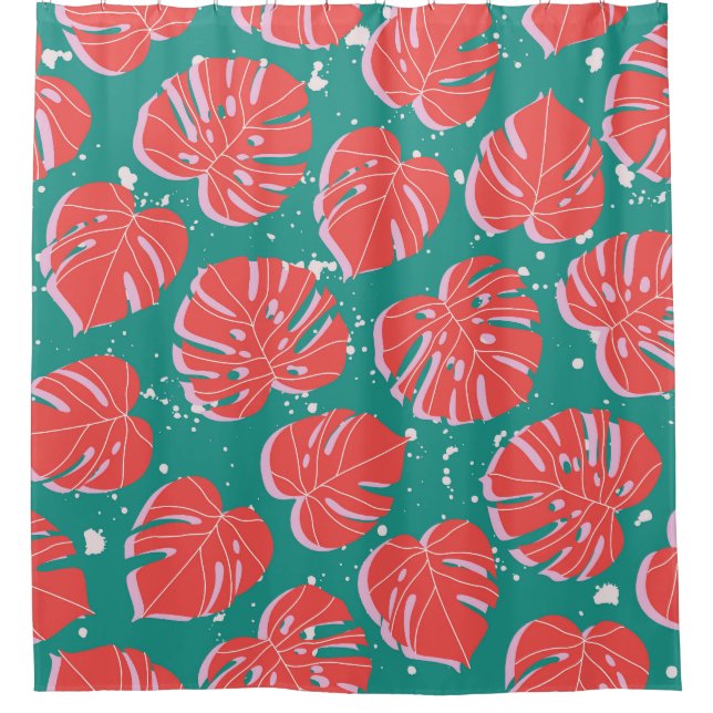 Red monstera: green tropical pattern shower curtain (Front)