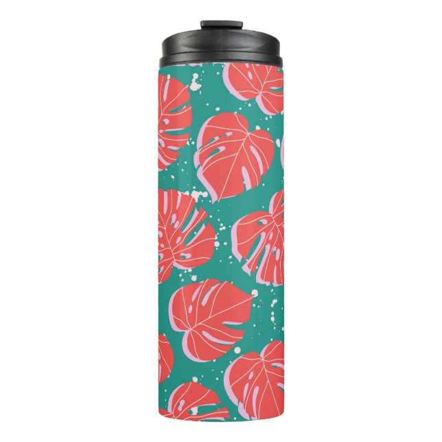 Red monstera: green tropical pattern thermal tumbler (Front)