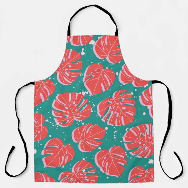 Red monstera leaves on green seamless pattern. Tre Apron (Front)
