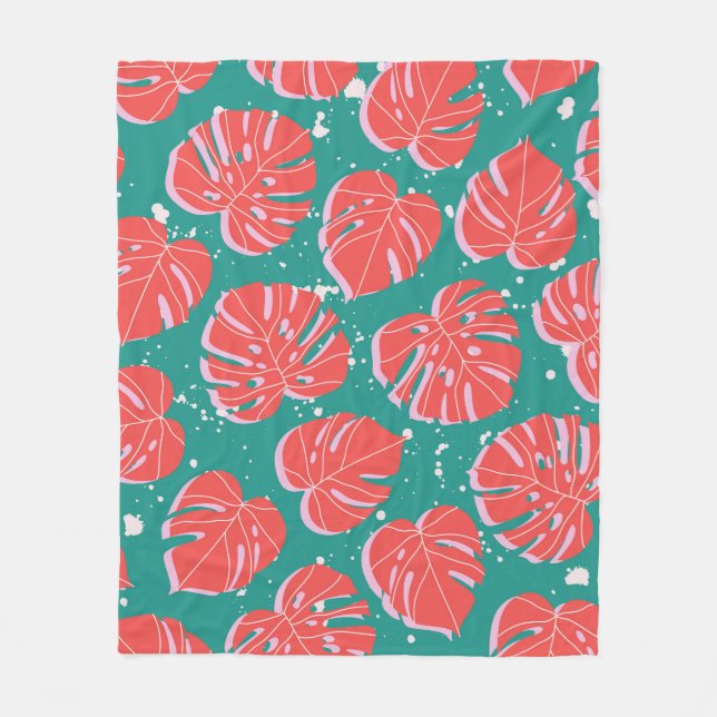Red monstera leaves on green seamless pattern. Tre Fleece Blanket (Front)