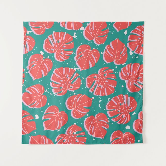 Red monstera leaves on green seamless pattern. Tre Tapestry (Front)