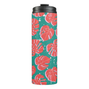 Red monstera leaves on green seamless pattern. Tre Thermal Tumbler
