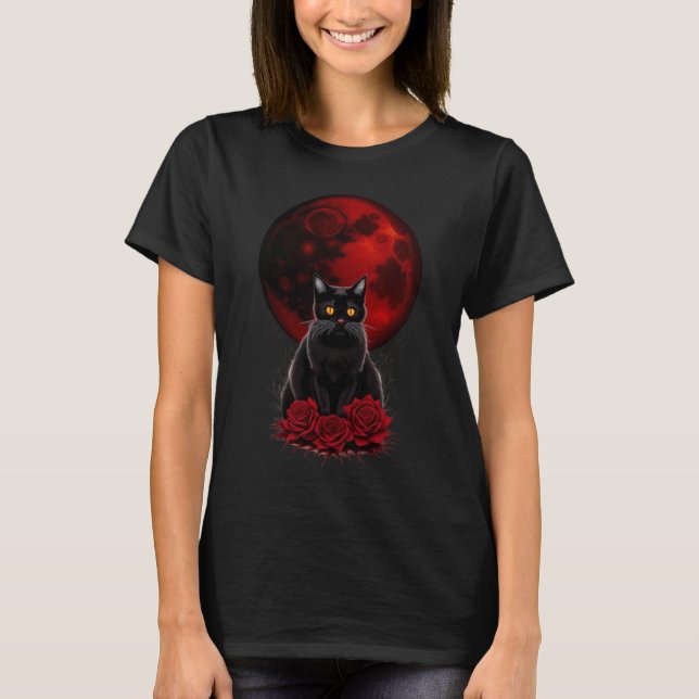 Red moon and back cat tshirt  (Front)