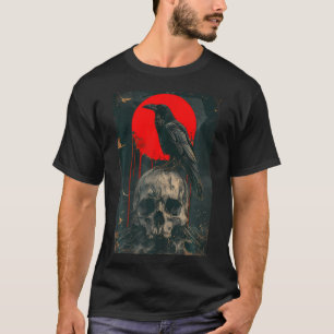 Red Moon Black Gothic Raven Skull Graphic Black Cr T-Shirt