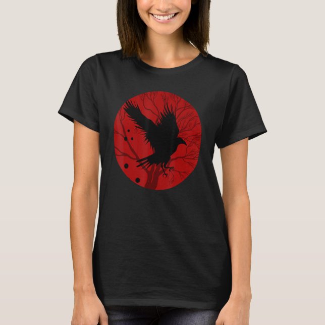 Red Moon Creepy Crow Bird Gothic Forest Animal Rav T-Shirt (Front)