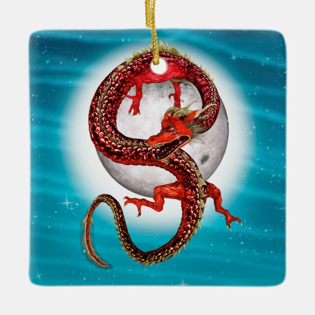 Red Moon Dragon Celestial Fantasy Art Ceramic Ornament (Front)