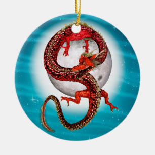 Red Moon Dragon Celestial Fantasy Art Ceramic Ornament