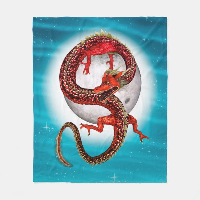 Red Moon Dragon Celestial Fantasy Art Fleece Blanket (Front)