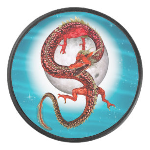 Red Moon Dragon Celestial Fantasy Art Hockey Puck