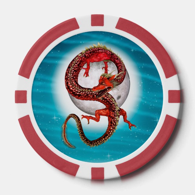 Red Moon Dragon Celestial Fantasy Art Poker Chips (Front)