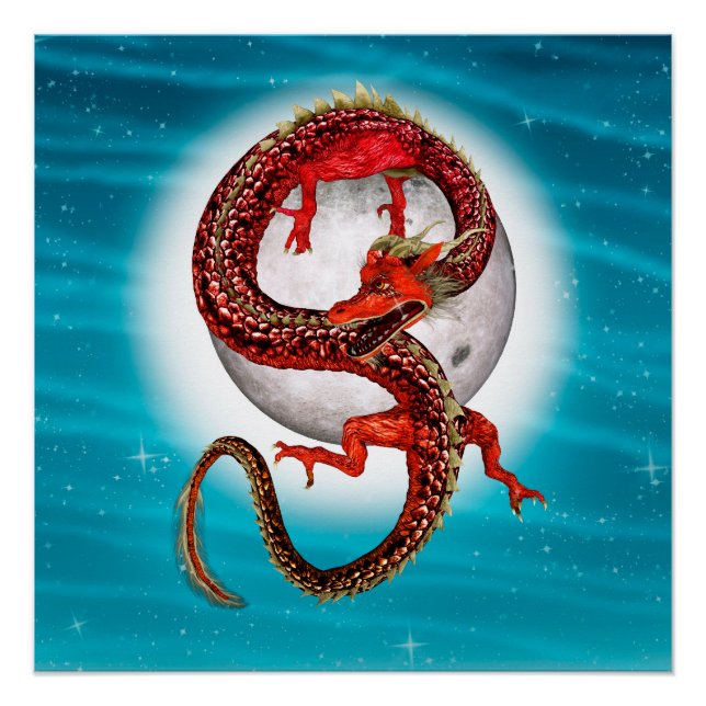 Red Moon Dragon Celestial Fantasy Art Poster (Front)