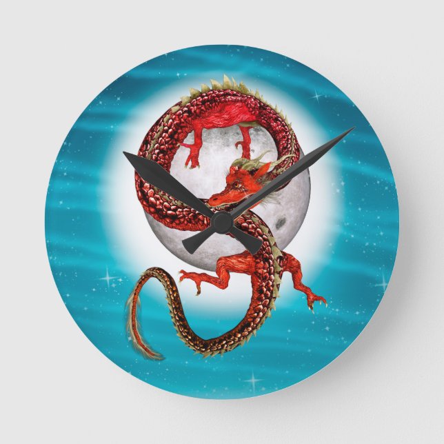 Red Moon Dragon Celestial Fantasy Art Round Clock (Front)