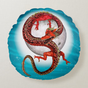 Red Moon Dragon Celestial Fantasy Art Round Cushion