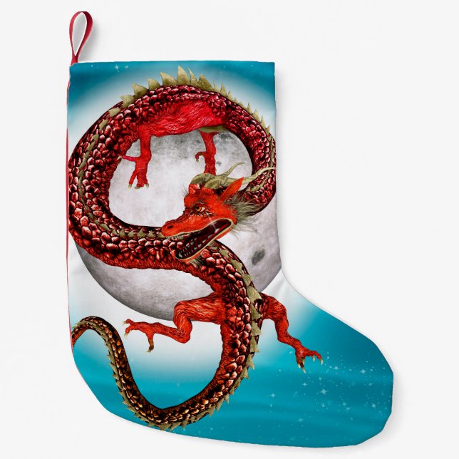 Red Moon Dragon Celestial Fantasy Art Small Christmas Stocking (Front)