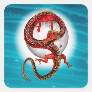 Red Moon Dragon Celestial Fantasy Art Square Sticker