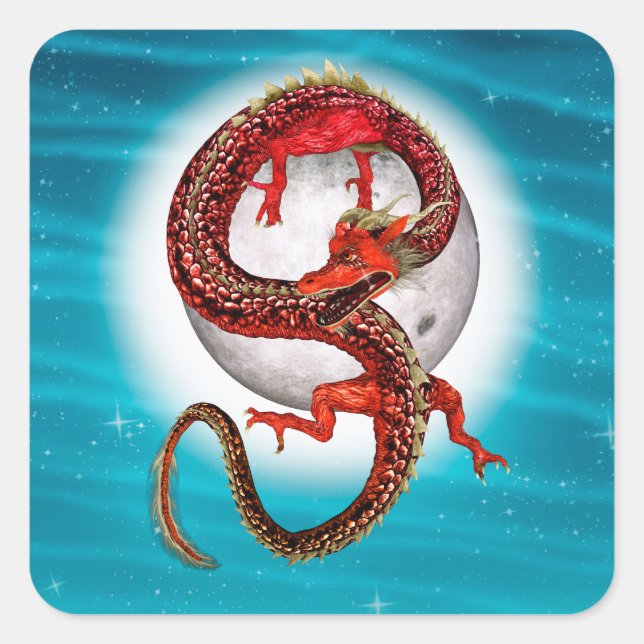 Red Moon Dragon Celestial Fantasy Art Square Sticker (Front)
