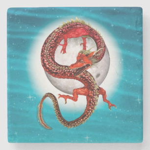 Red Moon Dragon Celestial Fantasy Art Stone Coaster