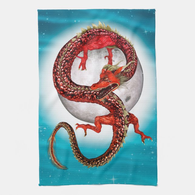 Red Moon Dragon Celestial Fantasy Art Tea Towel (Vertical)