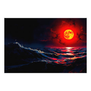 Red Moon Over Stormy Sea Fantasy Seascape Photo Print