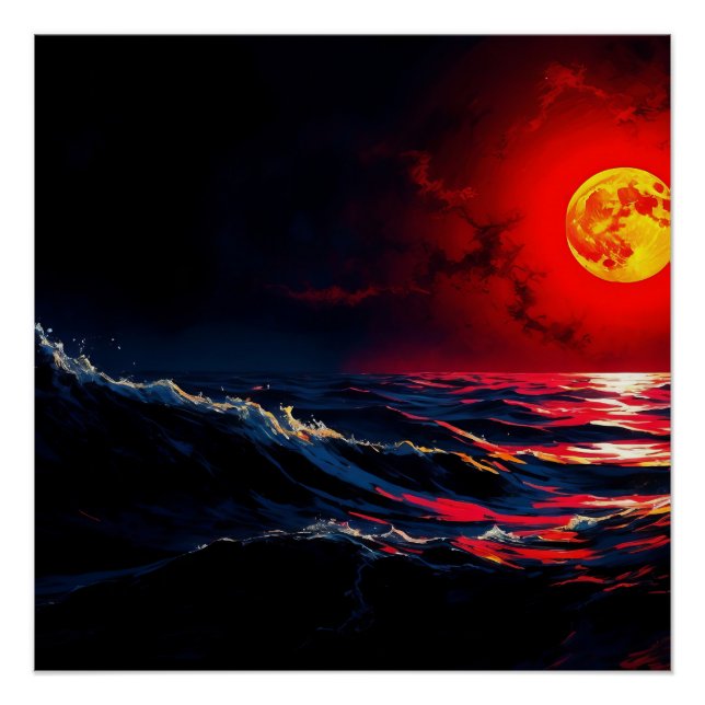 Red Moon Over Stormy Sea Fantasy Seascape Poster (Front)