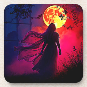 Red Moon Shadow Woman Mystery Design Coaster