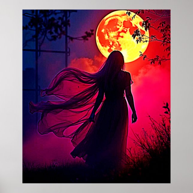 Red Moon Shadow Woman Mystery Design Poster (Front)
