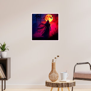 Red Moon Shadow Woman Mystery Design Poster