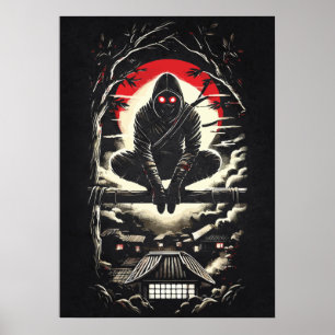 Red Moon Shinobi, Ninja, Japanese Anime Tattoo Art Poster