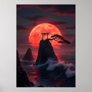 Red Moon Torii: Japanese Coastal Mystique Poster