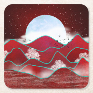 Red Moonrise Square Paper Coaster